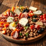 Beautifully arranged charcuterie board featuring an assortment of cheeses, cured meats, fresh fruits, nuts, and crackers, perfect for parties and gatherings