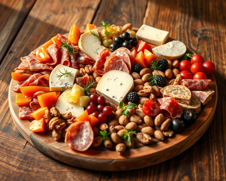 Beautifully arranged charcuterie board featuring an assortment of cheeses, cured meats, fresh fruits, nuts, and crackers, perfect for parties and gatherings