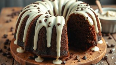 Perfectly moist chocolate chocolate chip bundt cake topped with a rich drizzle of chocolate ganache, served on a white plate for a decadent homemade dessert.