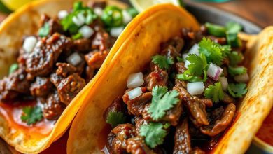 Crispy birria tacos served with hot consommé, garnished with fresh lime, onions, and cilantro, perfect for an authentic Mexican food experience