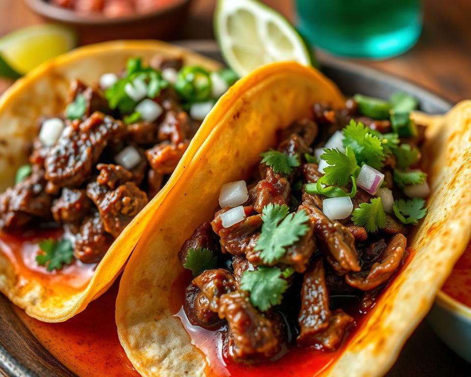 Crispy birria tacos served with hot consommé, garnished with fresh lime, onions, and cilantro, perfect for an authentic Mexican food experience