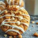 A close-up of a freshly baked cookie topped with white chocolate chips, drizzled with white icing, and sprinkled with crunchy Biscoff cookie pieces. A glass of milk is blurred in the background, complementing the cookie's golden texture and rich toppings.