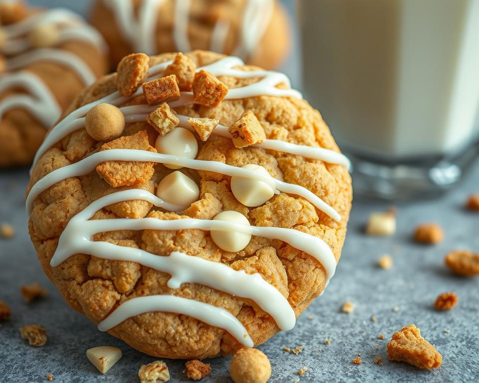 A close-up of a freshly baked cookie topped with white chocolate chips, drizzled with white icing, and sprinkled with crunchy Biscoff cookie pieces. A glass of milk is blurred in the background, complementing the cookie's golden texture and rich toppings.