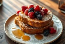 French toast with cinnamon and syrup on a white plate