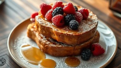 French toast with cinnamon and syrup on a white plate