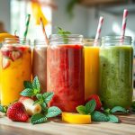 An assortment of colorful smoothies in clear glasses, featuring tropical fruits, green vegetables, and vibrant ingredients, perfect for healthy and refreshing recipes