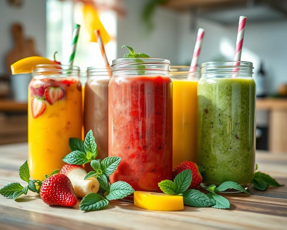 An assortment of colorful smoothies in clear glasses, featuring tropical fruits, green vegetables, and vibrant ingredients, perfect for healthy and refreshing recipes