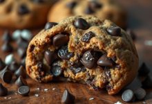 Close-up of a freshly baked chocolate chip cookie with melted chocolate chips, placed on a rustic wooden table.