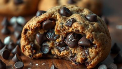 Close-up of a freshly baked chocolate chip cookie with melted chocolate chips, placed on a rustic wooden table.