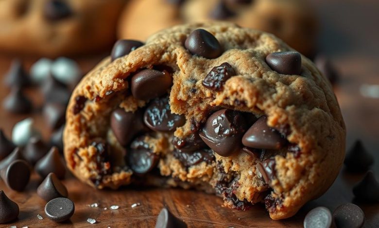 Close-up of a freshly baked chocolate chip cookie with melted chocolate chips, placed on a rustic wooden table.