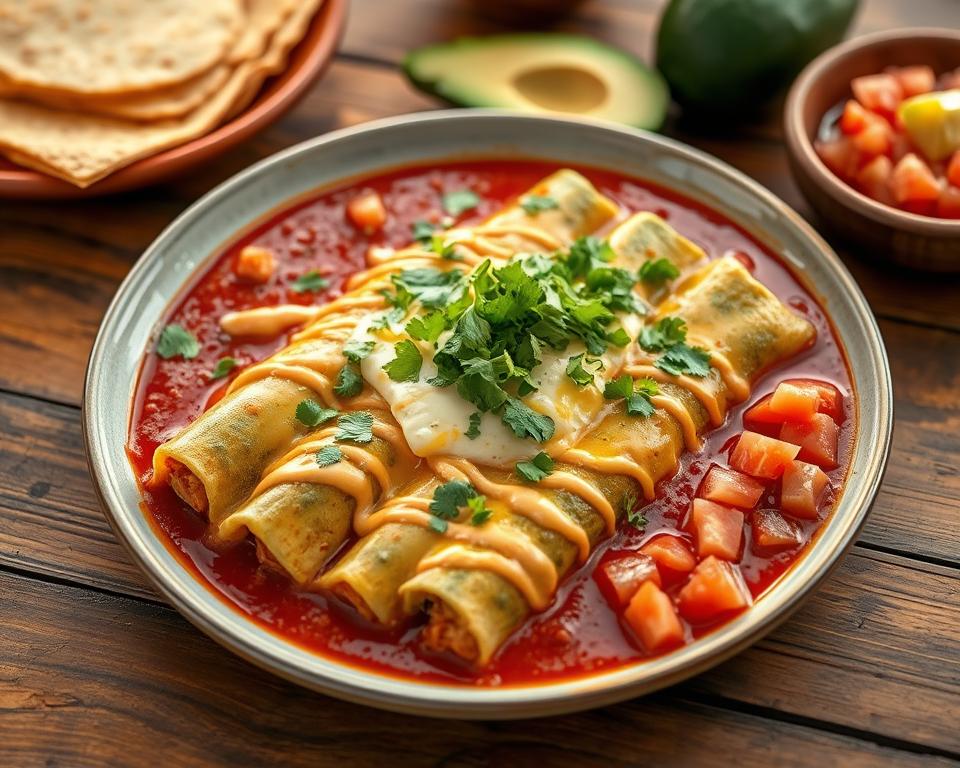 Ingredients for enchiladas, including tortillas, chicken, and green sauce