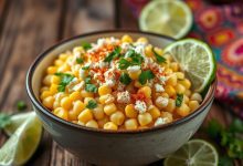 A bowl of Mexican street corn salad (esquites) with golden corn, cotija cheese, chili powder, cilantro, and lime wedges, served on a rustic table.