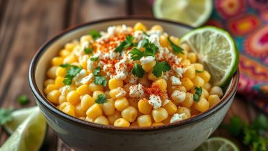 A bowl of Mexican street corn salad (esquites) with golden corn, cotija cheese, chili powder, cilantro, and lime wedges, served on a rustic table.