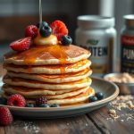 Delicious stack of protein pancakes on a white plate, topped with fresh blueberries, a drizzle of maple syrup, and a sprinkle of powdered sugar, highlighting a healthy and nutritious breakfast option