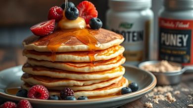 Delicious stack of protein pancakes on a white plate, topped with fresh blueberries, a drizzle of maple syrup, and a sprinkle of powdered sugar, highlighting a healthy and nutritious breakfast option