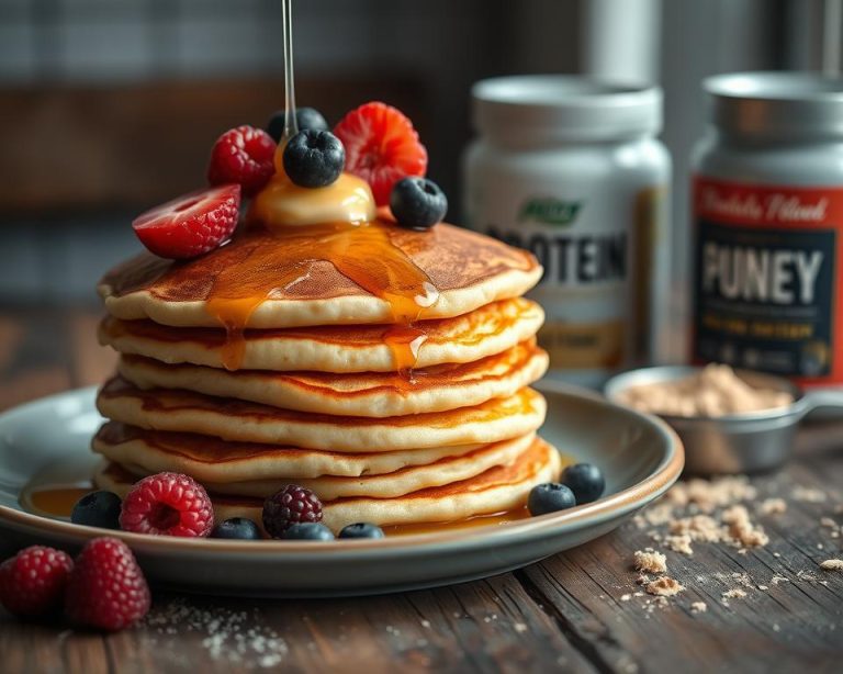 Delicious stack of protein pancakes on a white plate, topped with fresh blueberries, a drizzle of maple syrup, and a sprinkle of powdered sugar, highlighting a healthy and nutritious breakfast option