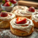 Strawberry cinnamon rolls with thick cream cheese frosting, garnished with fresh strawberry slices on top. The rolls are displayed on a wooden surface, accompanied by a background of fresh strawberries in a bowl, creating a cozy and appetizing setting.