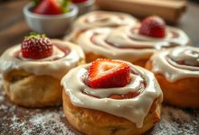 Strawberry cinnamon rolls with thick cream cheese frosting, garnished with fresh strawberry slices on top. The rolls are displayed on a wooden surface, accompanied by a background of fresh strawberries in a bowl, creating a cozy and appetizing setting.