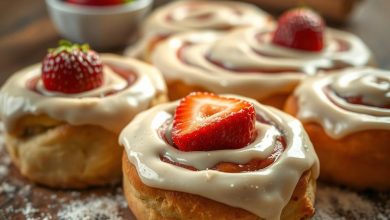 Strawberry cinnamon rolls with thick cream cheese frosting, garnished with fresh strawberry slices on top. The rolls are displayed on a wooden surface, accompanied by a background of fresh strawberries in a bowl, creating a cozy and appetizing setting.