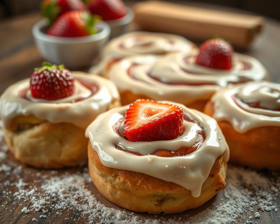 Strawberry cinnamon rolls with thick cream cheese frosting, garnished with fresh strawberry slices on top. The rolls are displayed on a wooden surface, accompanied by a background of fresh strawberries in a bowl, creating a cozy and appetizing setting.