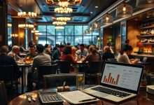 Modern restaurant interior with customers dining, a table in the foreground featuring a laptop displaying financial graphs, a calculator, and business documents, symbolizing restaurant financing and business planning.