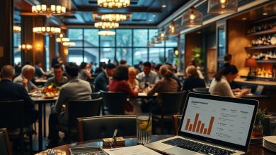 Modern restaurant interior with customers dining, a table in the foreground featuring a laptop displaying financial graphs, a calculator, and business documents, symbolizing restaurant financing and business planning.