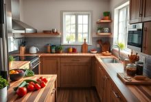 Modern kitchen featuring butcher block countertops, wooden cabinets, and natural light, showcasing a clean and functional cooking space.