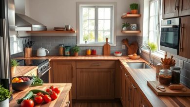 Modern kitchen featuring butcher block countertops, wooden cabinets, and natural light, showcasing a clean and functional cooking space.