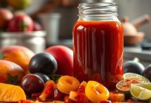 Jar of vibrant homemade chamoy sauce surrounded by fresh fruits like plums, mangoes, and limes, perfect for adding a sweet, tangy, and spicy touch to your favorite snacks and recipes. A quintessential Mexican condiment made with dried fruits and chili for authentic flavor