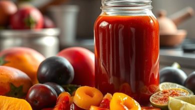 Jar of vibrant homemade chamoy sauce surrounded by fresh fruits like plums, mangoes, and limes, perfect for adding a sweet, tangy, and spicy touch to your favorite snacks and recipes. A quintessential Mexican condiment made with dried fruits and chili for authentic flavor