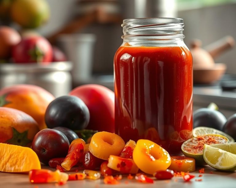 Jar of vibrant homemade chamoy sauce surrounded by fresh fruits like plums, mangoes, and limes, perfect for adding a sweet, tangy, and spicy touch to your favorite snacks and recipes. A quintessential Mexican condiment made with dried fruits and chili for authentic flavor