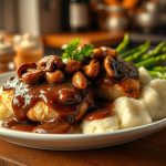 Succulent chicken breasts topped with a rich, savory mushroom gravy, paired with buttery mashed potatoes and fresh asparagus, creating a perfect dinner dish.