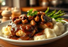 Succulent chicken breasts topped with a rich, savory mushroom gravy, paired with buttery mashed potatoes and fresh asparagus, creating a perfect dinner dish.