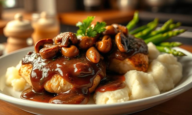 Succulent chicken breasts topped with a rich, savory mushroom gravy, paired with buttery mashed potatoes and fresh asparagus, creating a perfect dinner dish.