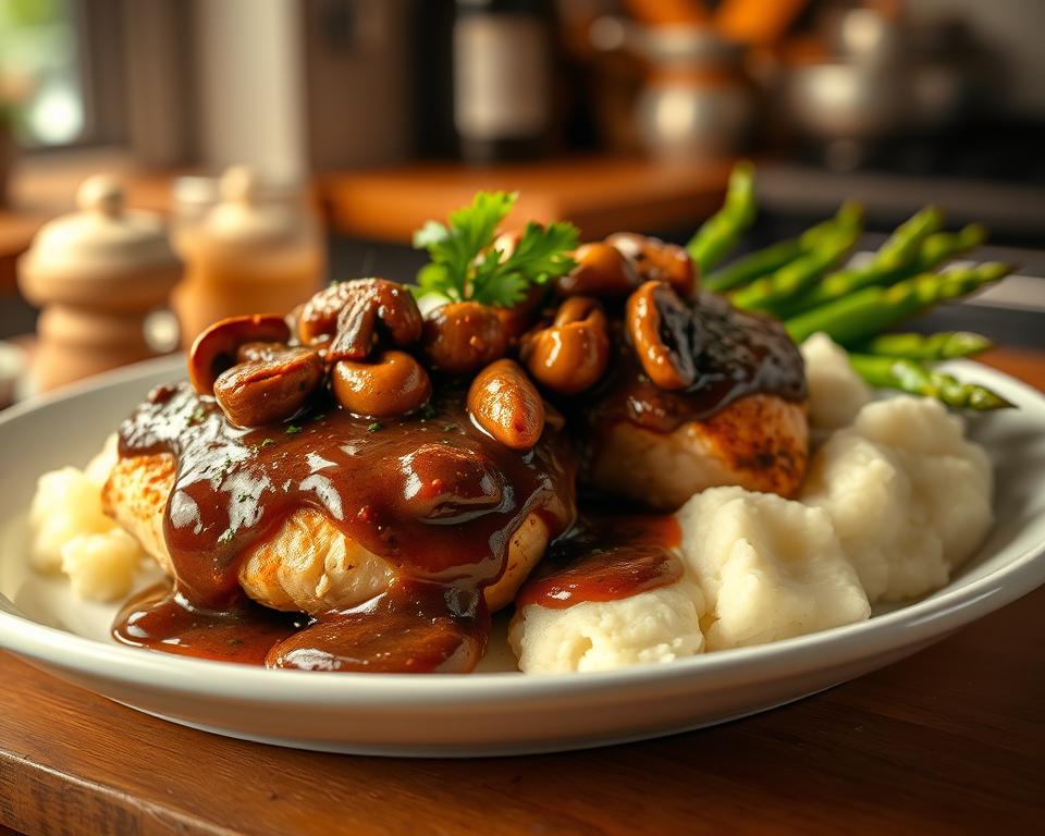 Succulent chicken breasts topped with a rich, savory mushroom gravy, paired with buttery mashed potatoes and fresh asparagus, creating a perfect dinner dish.