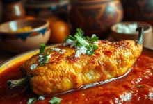 Cheesy stuffed chile relleno served with a vibrant tomato sauce, garnished with fresh cilantro and queso fresco in a rustic Mexican setting.