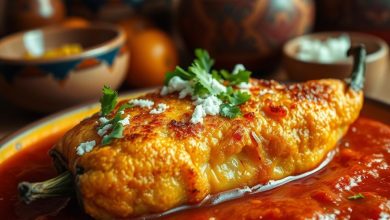 Cheesy stuffed chile relleno served with a vibrant tomato sauce, garnished with fresh cilantro and queso fresco in a rustic Mexican setting.