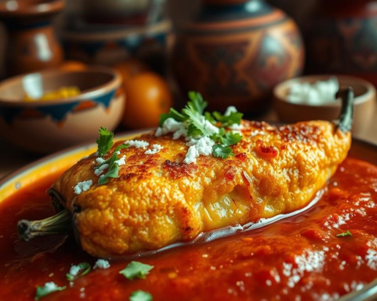 Cheesy stuffed chile relleno served with a vibrant tomato sauce, garnished with fresh cilantro and queso fresco in a rustic Mexican setting.