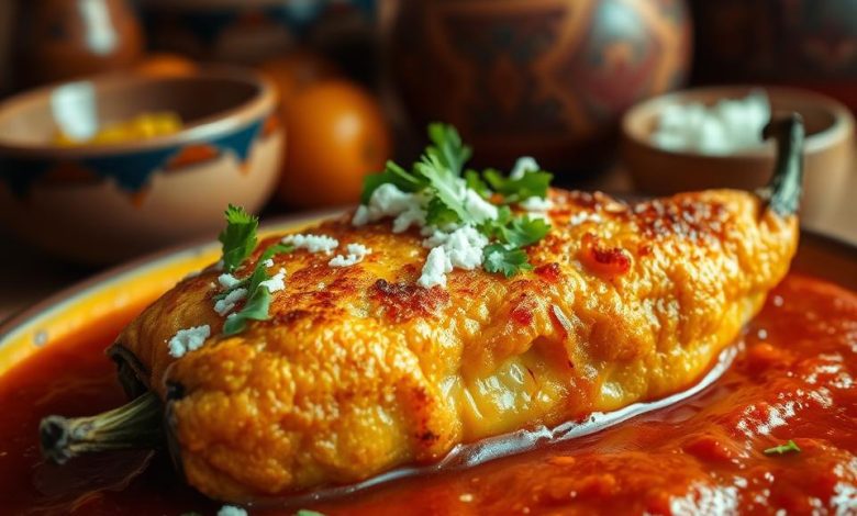 Cheesy stuffed chile relleno served with a vibrant tomato sauce, garnished with fresh cilantro and queso fresco in a rustic Mexican setting.