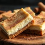 Close-up of delicious churro cheesecake bars with a golden cinnamon sugar topping. This dessert combines the creaminess of cheesecake with the crispy texture of churros, perfect for any occasion."