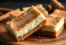 Close-up of delicious churro cheesecake bars with a golden cinnamon sugar topping. This dessert combines the creaminess of cheesecake with the crispy texture of churros, perfect for any occasion."