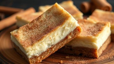 Close-up of delicious churro cheesecake bars with a golden cinnamon sugar topping. This dessert combines the creaminess of cheesecake with the crispy texture of churros, perfect for any occasion."