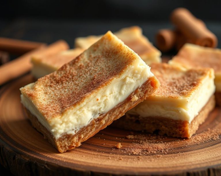 Close-up of delicious churro cheesecake bars with a golden cinnamon sugar topping. This dessert combines the creaminess of cheesecake with the crispy texture of churros, perfect for any occasion."