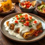 cream cheese chicken enchiladas Enchiladas covered in creamy sauce with diced tomatoes and cilantro