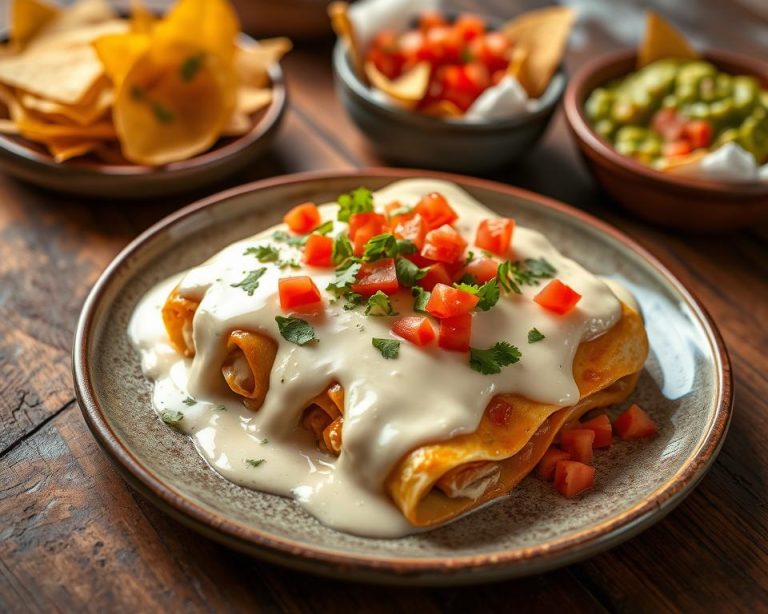 cream cheese chicken enchiladas Enchiladas covered in creamy sauce with diced tomatoes and cilantro