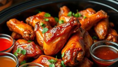 crockpot chicken wings 3 ways video Slow cooker chicken wings glazed with barbecue sauce and garnished with fresh herbs, served with dipping sauces.