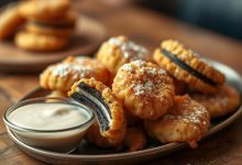 Golden-battered Oreos served with a creamy dip, perfect for sharing on any occasion.