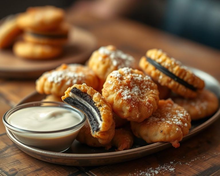 Golden-battered Oreos served with a creamy dip, perfect for sharing on any occasion.