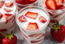 Cups of strawberries in cream arranged on a marble surface, with whole strawberries as garnish.