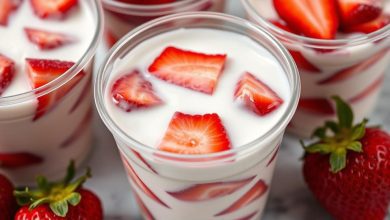 Cups of strawberries in cream arranged on a marble surface, with whole strawberries as garnish.